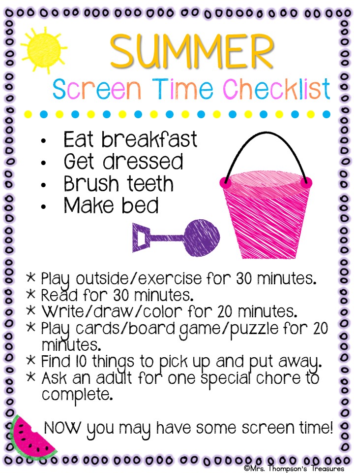 Free Summer Screen Time Checklist Printable Mrs Thompson s Treasures